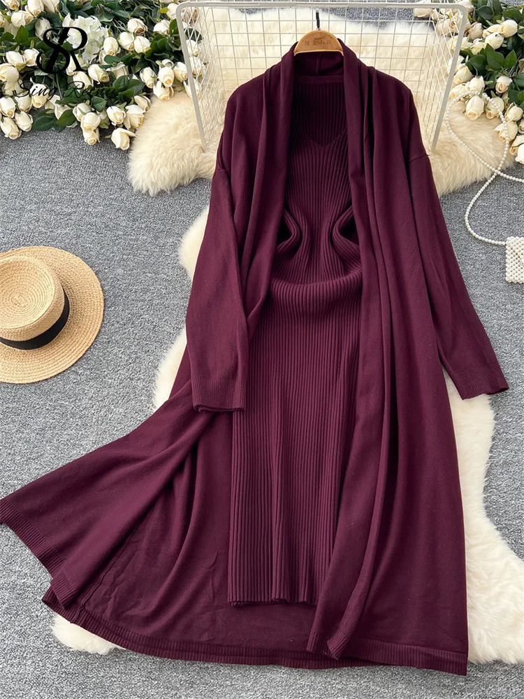 SINGREINY Winter Casual Warm Suit Full Sleeves Loose Long CardiganV Neck Sleeveless Elastic Dress Elegant Fashion Sets 241129