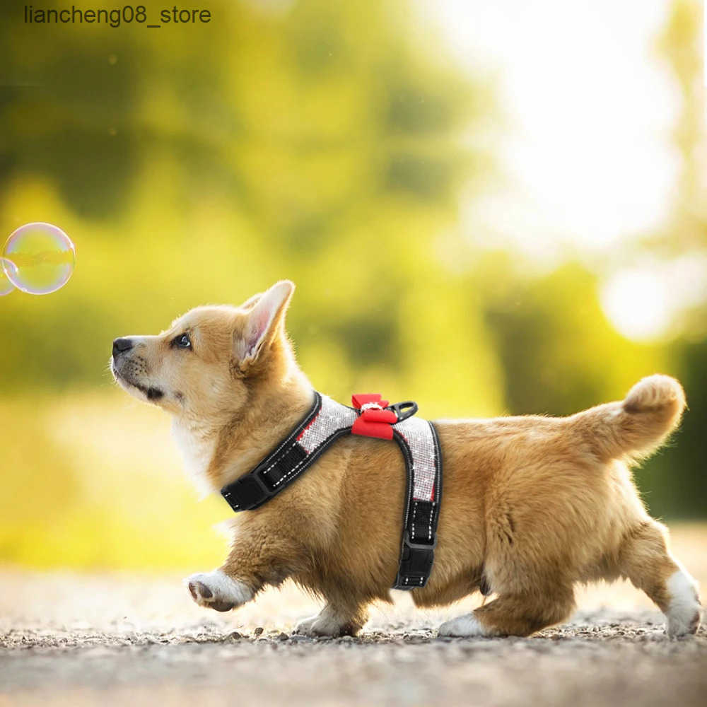 Dog Harnesses Reflective Dog Harness Nylon Pitbull Pug Small Medium Dogs Harnesses Vest Bling Rhinestone Bowknot Dog Accessories Pet Supplies L240910