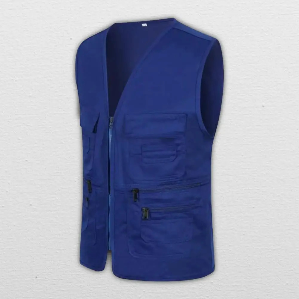 Men Vest JacketMultiple Pockets Zipper Sleeveless Fishing Waistcoat Camping Work Clothes V Neck Outdoor Volunteer 241129