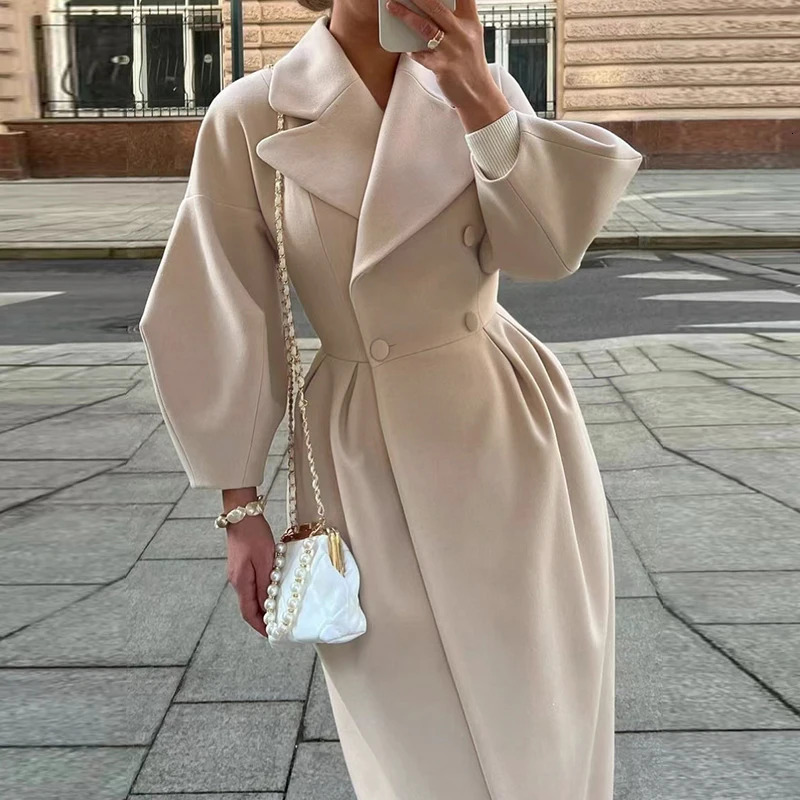 Retro Court Style Lantern Sleeve Woolen Long Coat Elegant French Windcoat Autumn Winter Doublebreasted Solid For Women Clothes 241129