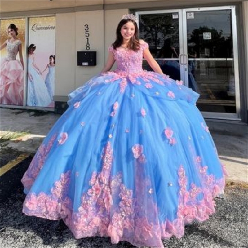 Gorgeous Blue And Pink Quinceanera Dresses 2025 Off Shoulder 3D Florals Lace Corset Charro Vestidos De 15 Anos Birthday Vestios Xv Debutante Princess 