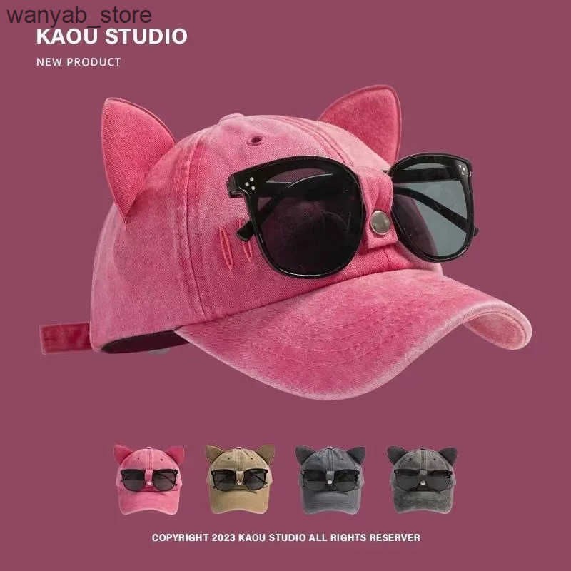 Ball Caps Washed baseball cap with glasses suitable for both women and men cat ear pilot snap cap gorilla outdoor sun hat unisex style L240910