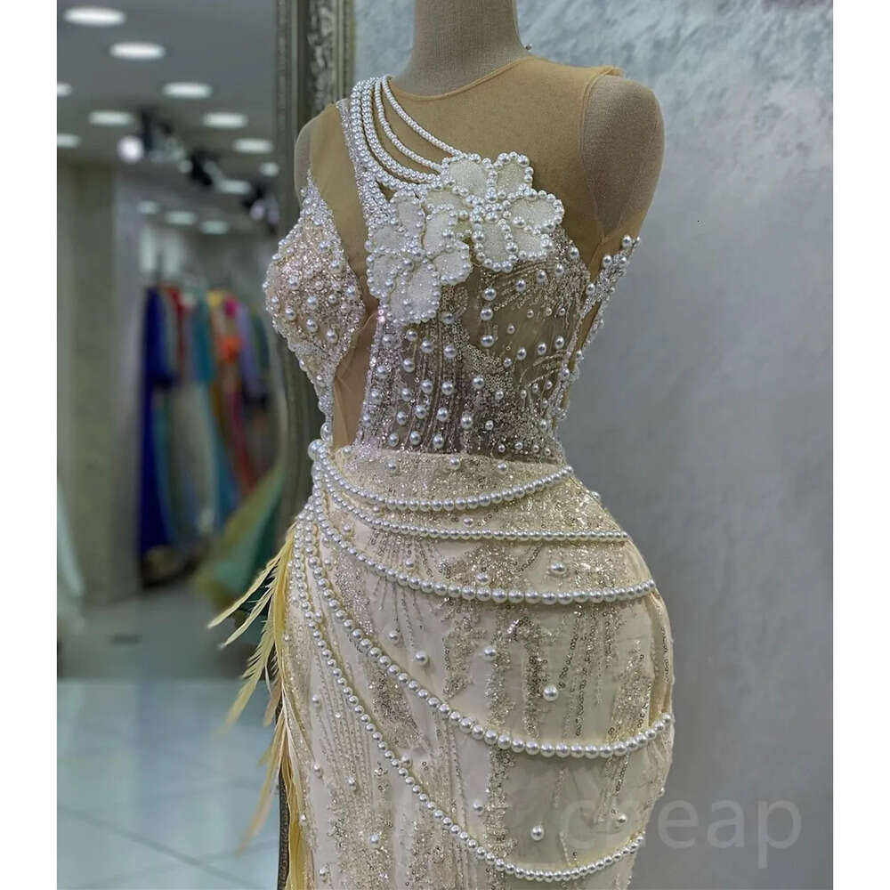 Aso Ebi Champagne Mermaid Arabic Prom Feather Pearls Evening Formal Party Second Reception Birthday Engagement Gowns Dress Zj 6660306