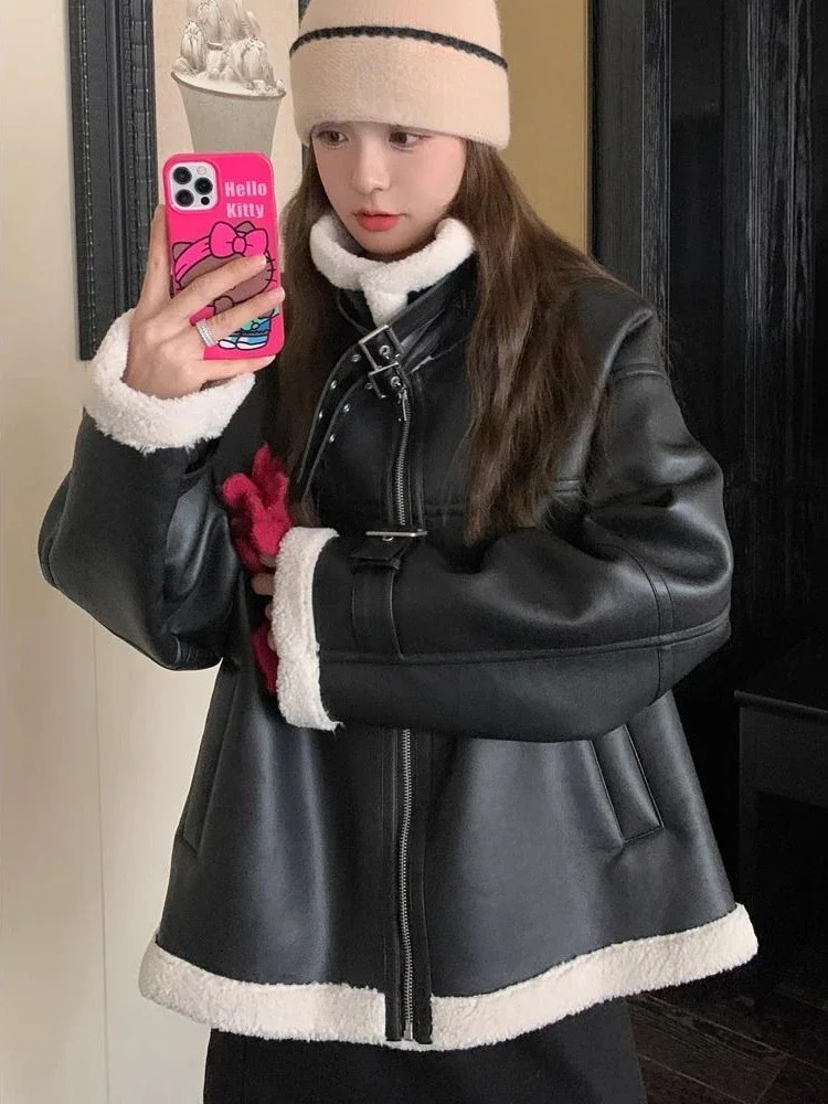 2024 Autumn and Winter Fashion Womens Warm Leather Jacket Motorcycle Wear Collar Fur Integrated Loose Long Sleeve Coat 241129