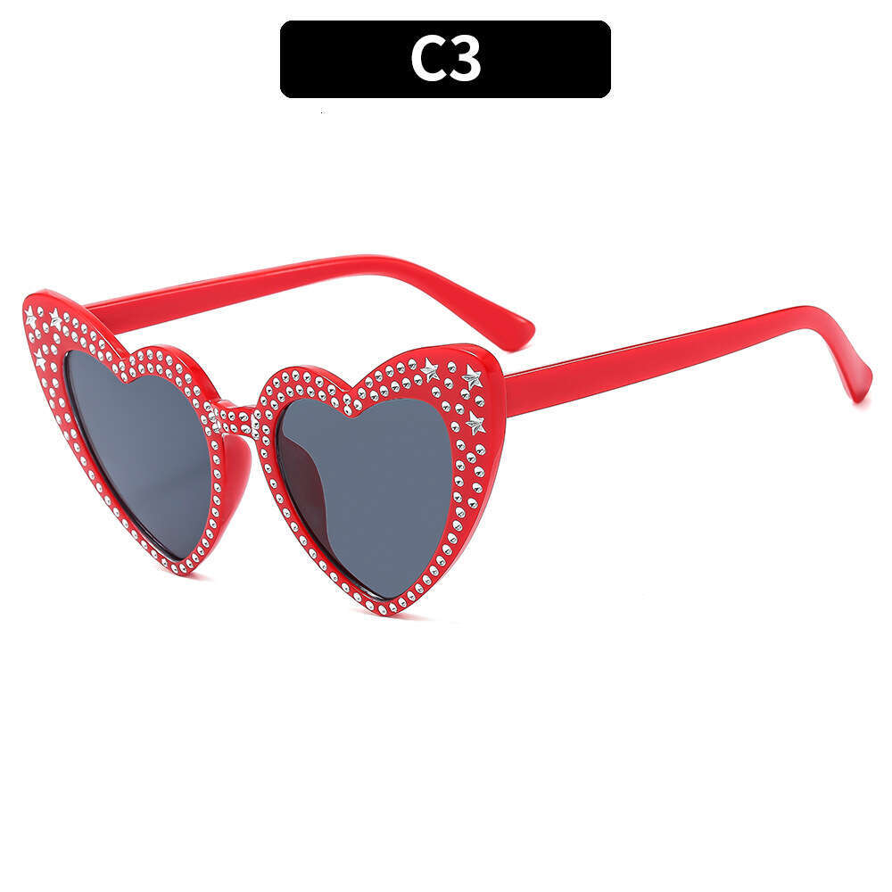 New diamond studded peach heart fashionable caring for women with spicy personality, heart-shaped and trendy sunglasses