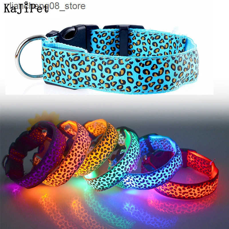 Dog Harnesses Leopard LED Dog Collar Luminous Adjustable Glowing Collar For Dogs Pet Night Safety Nylon Collar Luminous LED Bright Dog Collar Q250422