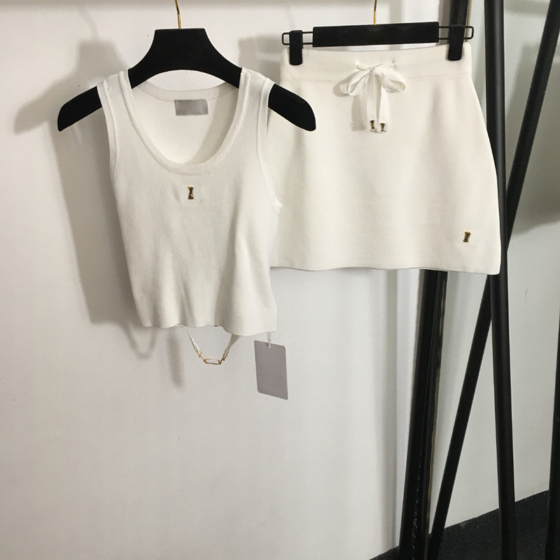 Knit Camis Dress Sexy Back Hollow Camisoles Tracksuit High Waist Wool Skirts 2 Colors Slim Designer Dresses Tracksuits