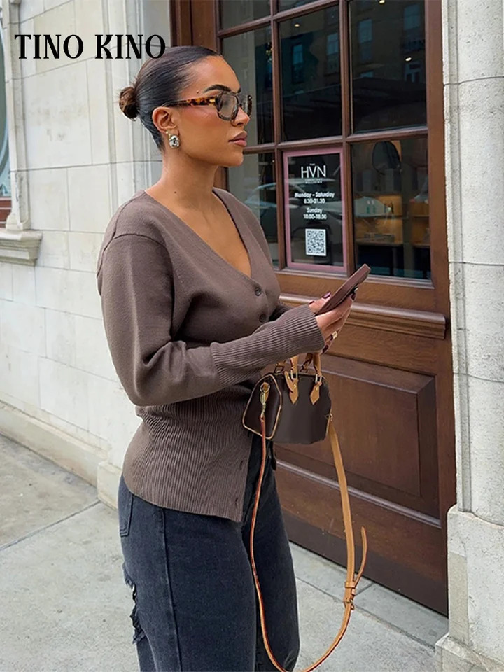 Casual knitted V-neck ultra-thin cardigan womens solid long sleeved single chest sweater autumn elegant womens comfortable knit 241127