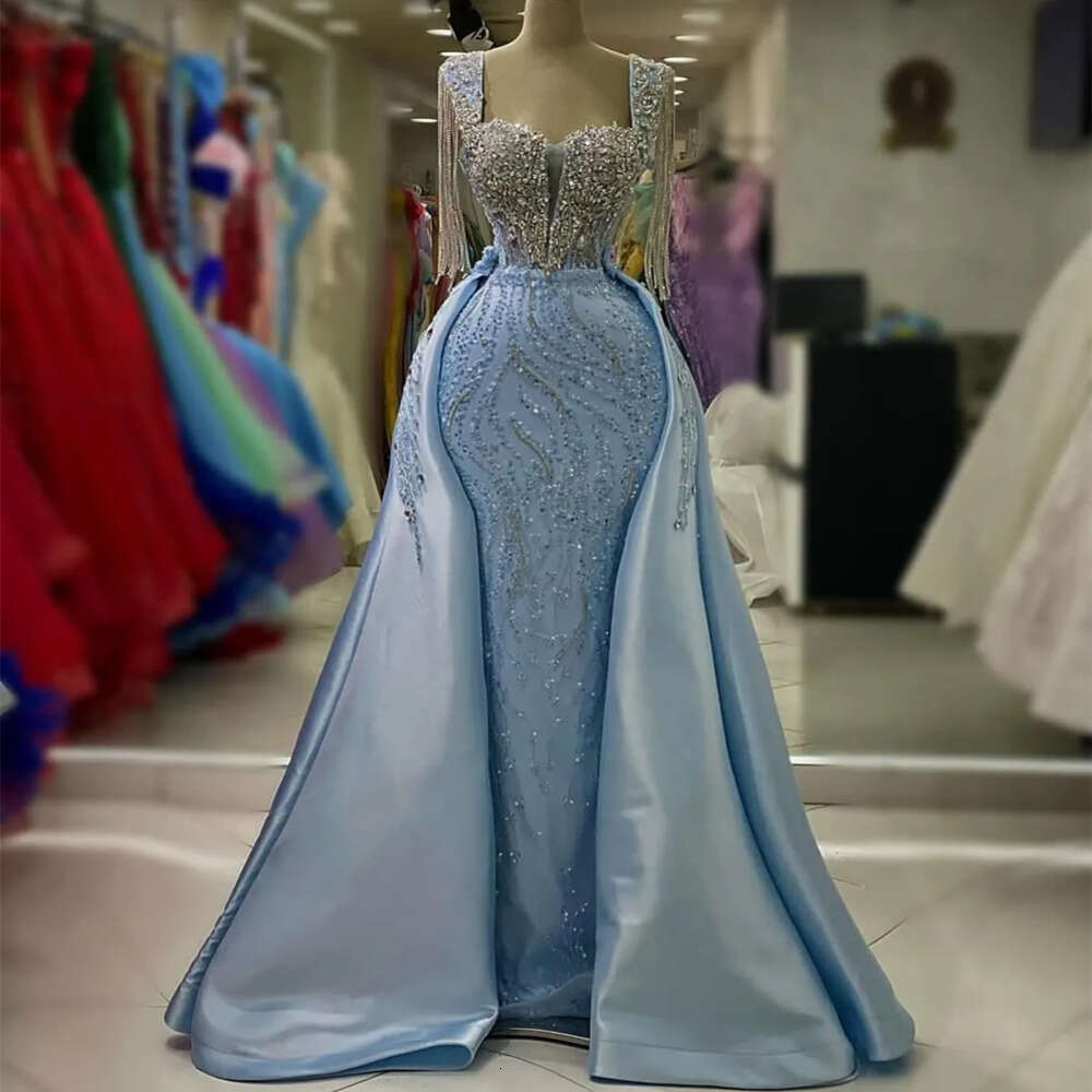 Ebi Arabic Mermaid Sky Aso Blue Prom Dress Crystals Sequined Lace Evening Formal Party Second Reception Birthday Engagement Gowns Dresses Robe De Soir