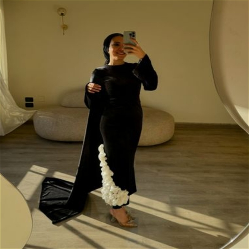 Charming Black Muslim Evening Dress With 3D Florals Elegant Midi Maxi Prom Dess Arabic Dubai Formal Velvet Party Gown Second Reception Dress Birthday 