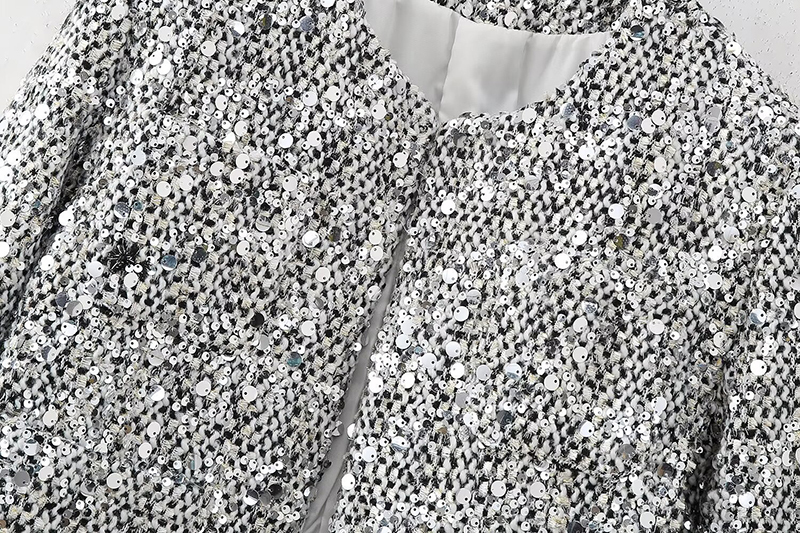 Women Chic Sier Sequin Embellished Short Jacket Casual Round Neck Long Sleeved Pockets Cardigan Autumn Lady Elegant Coats