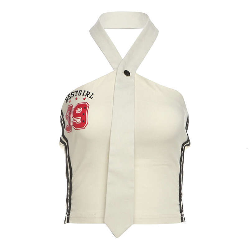 Wind 2024 summer new women's tie design hanging neck letter print backless slim fit vest