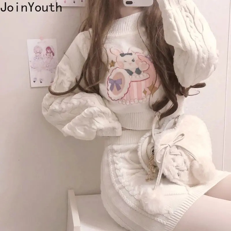 Joinyouth Japanese Fashion Suit Two Piece Set Women Ribbed Cropped Pullovers Bodycon Mini Skirt Ropa Mujer Knitted 2 241129