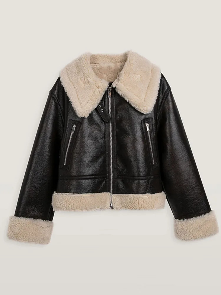 Fashion Sherpa Lining Laple Short Leather Jacket Women Warm Thick Black Pocket Zipper Coat Winter Lady Elegant Daily Outwear 241129