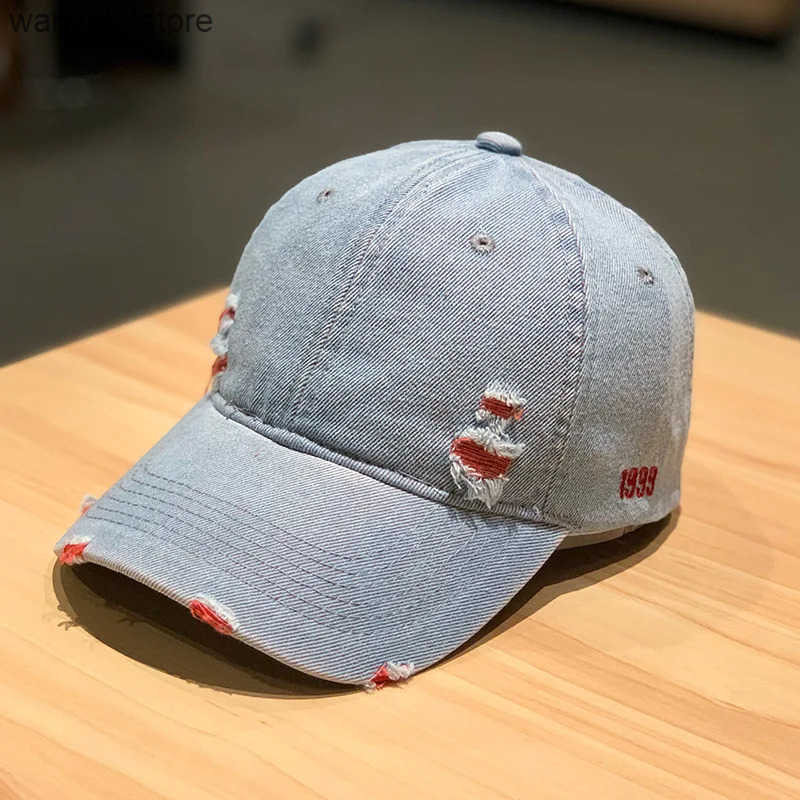 Ball Caps New fashion adult washed denim baseball cap mens casual solid snap sports cap torn severely hip-hop fishing cap L240910