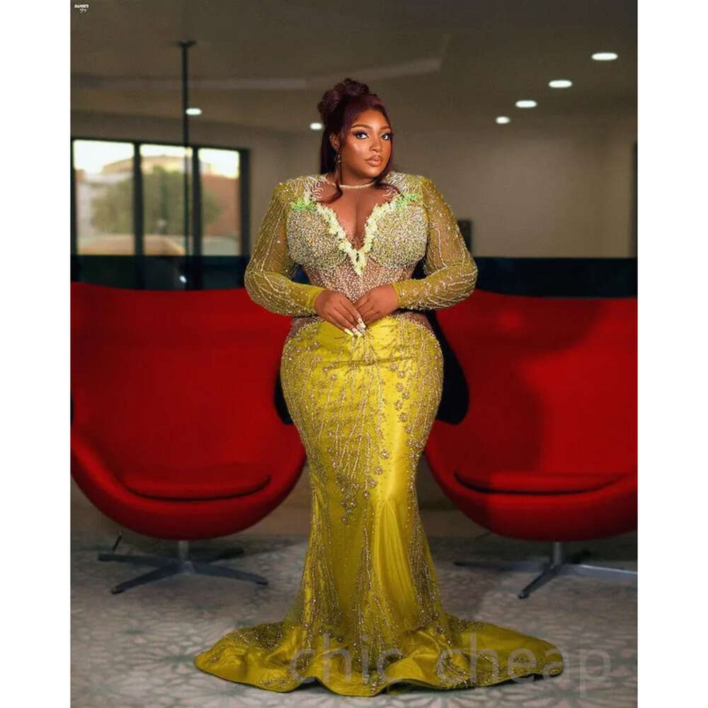 Gold May Aso Mermaid Ebi Prom Dress Beaded Sequined Lace Evening Formal Party Second Reception Birthday Engagement Gowns Dresses Robe De Soiree Zj348 
