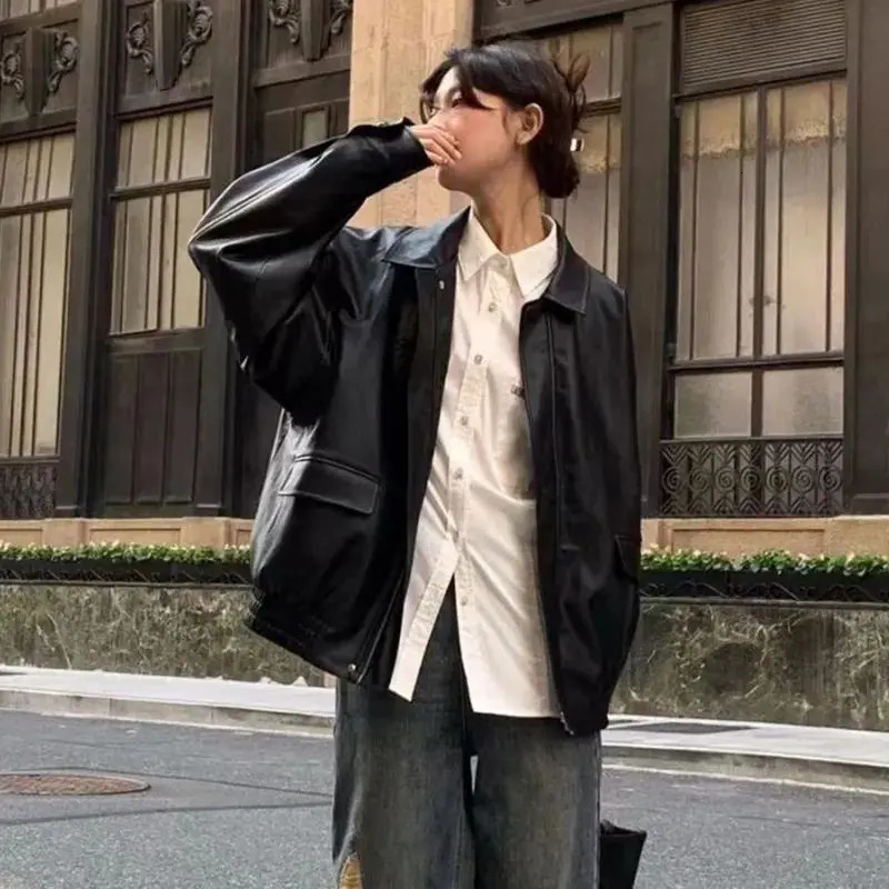 Spring Autumn Solid Color Turndown Collar Long Sleeve Leather Clothing Women High Street Zipper Patchwork Button Cardigan 241129