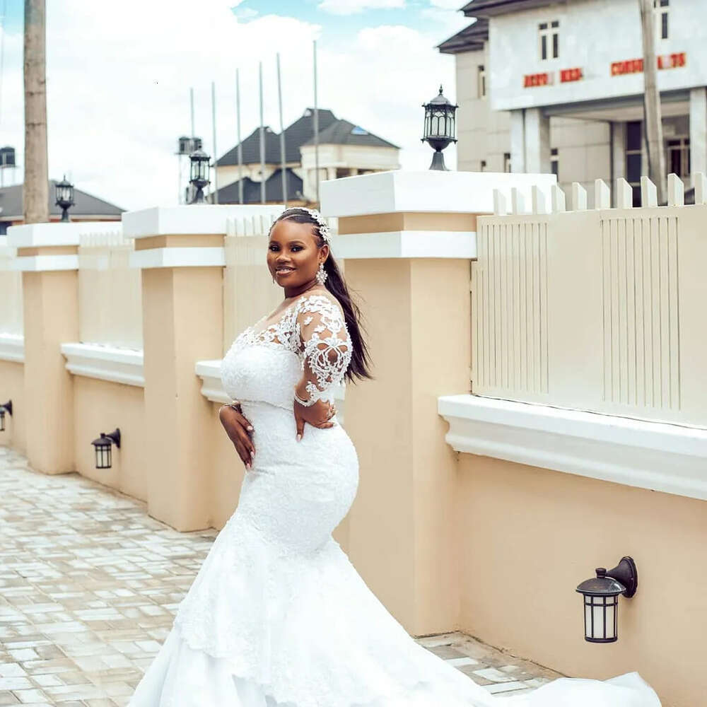 Size Arabic Ebi Plus Aso Luxurious Lace Beaded Sheer Neck Long Sleeves Bridal Dresses Sexy Vintage Wedding Gowns Zj