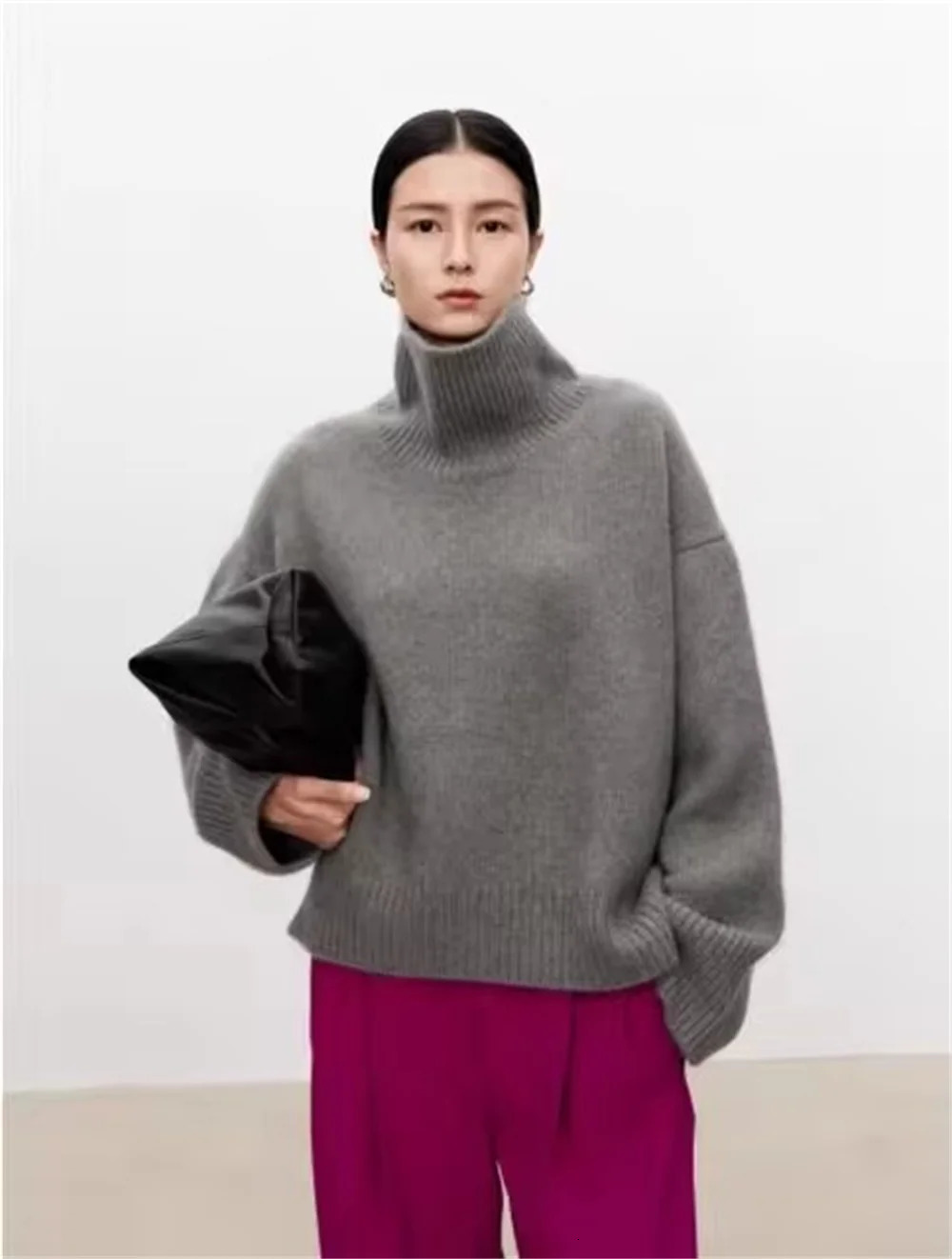 Thick turtle neck 100% pure cashmere sweater for women loose and lazy knit silhouette sweater European product 241128