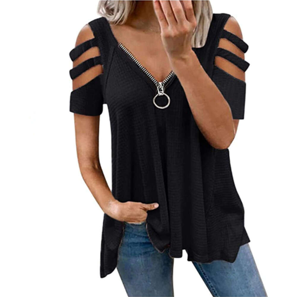 Xia Oumei's New Off Shoulder Short Sleeved V-Neck Zipper Solid Color T-Shirt Top, Women's Trendy Clothing, Fashionable And Casual Temperamen