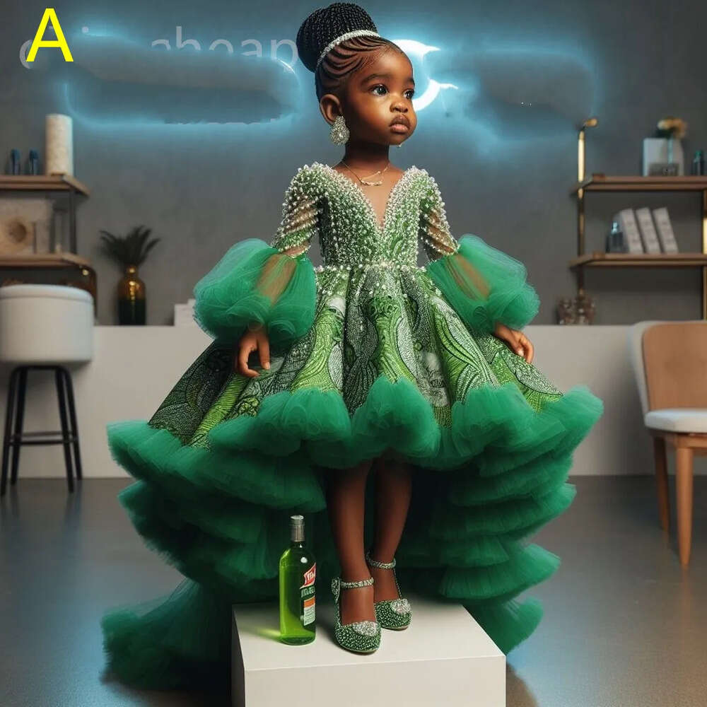 Flower Printed Royal Green Dresses Ball Gown Tulle Tiers Pearls Beaded Luxurious Little Girl Christmas Peageant Birthday Christening Tutu Dress Gowns 