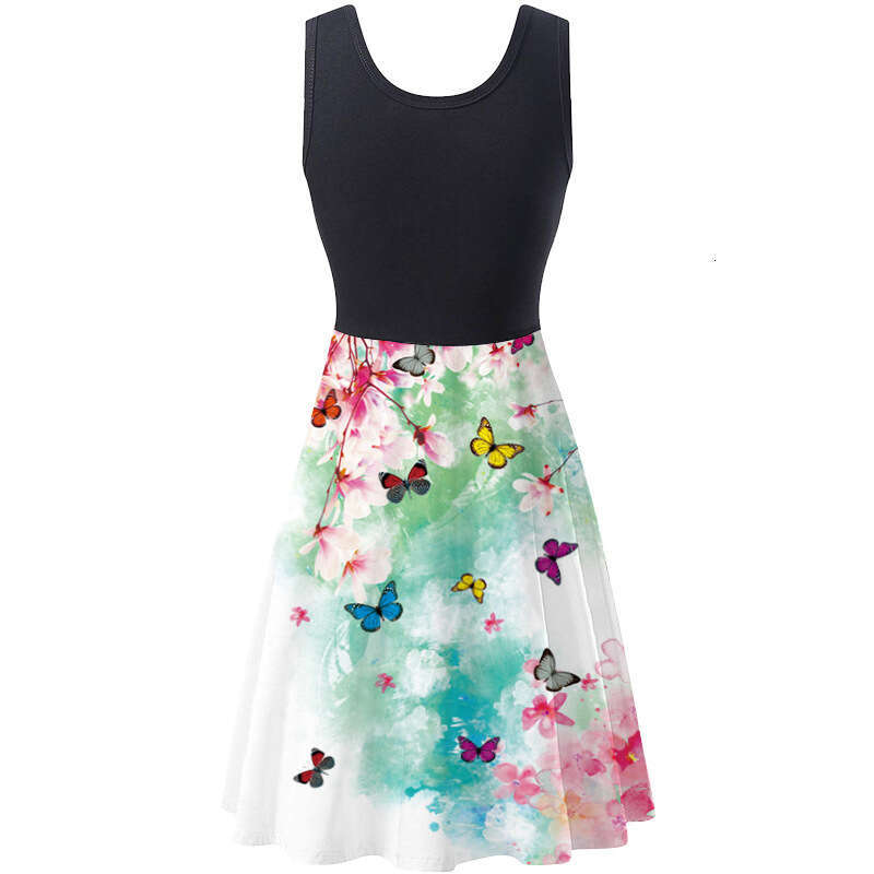 European American New Summer Sleeveless Round Neck Women's Digital Printed Dress, Trendy Clothing, Fashionable And Casual Temperament B1