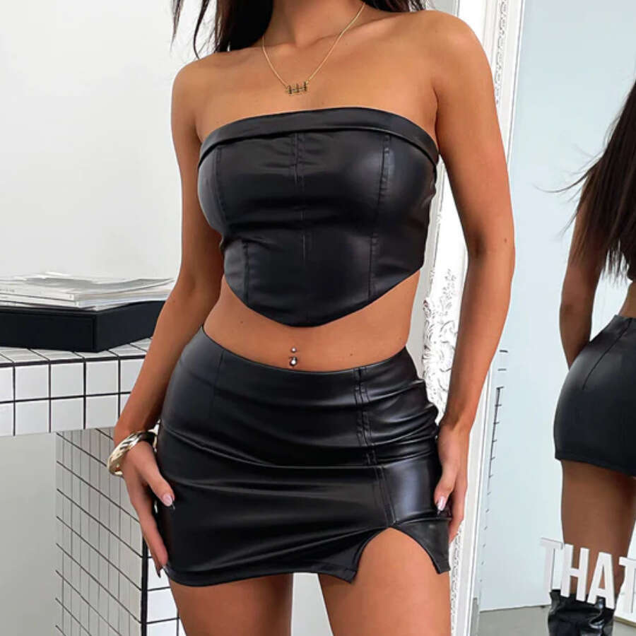 Women's clothing 2024 autumn strapless, backless, and navel revealing sexy top, hip hugging split skirt set