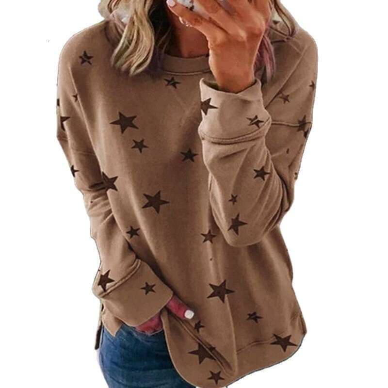 European American Autumn New Star Print Splicing Plus Size Women's Top, Long Sleeved T-Shirt, Trendy Clothing, Fashionable And Casual Temperament
