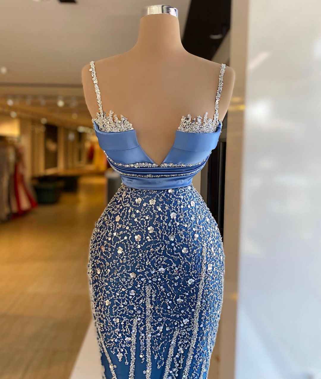Sparkling Mermaid Prom Sleeveless Deep V Neck Spaghetti Sequins Applique Beading Floor Length Celebrity Evening Dresses Plus Size Custom Made L24399 0