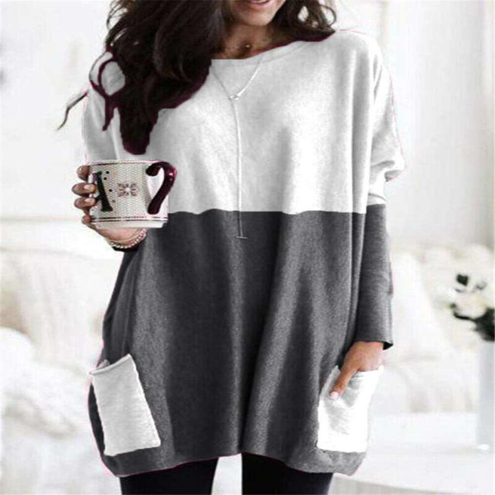 European And American Women's Autumn Round Neck Long Sleeved Patchwork Casual Pocket T-Shirt Top Trendy Clothing Fashion Temperament B4