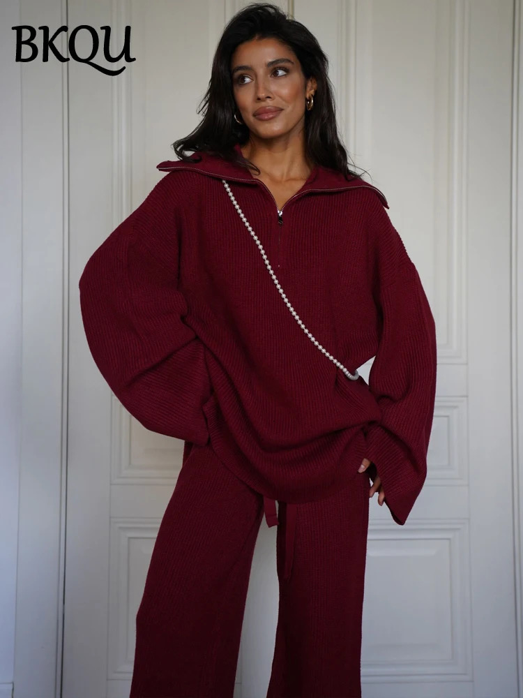 BKQU Fashion Solid Knitted Pants 2 Piece Set Women Casual Lapel Half Zip Pullover Sweater High Waist Wide Leg Ladies Suits 241129