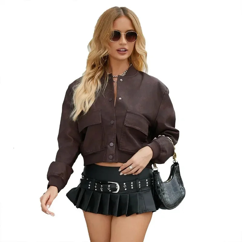 BTQWFD Womens Clothing Coat PU Faux Leather Casual Moto Biker Jackets Single Breasted Outwear 2024 Female Long Sleeve Winter 241129