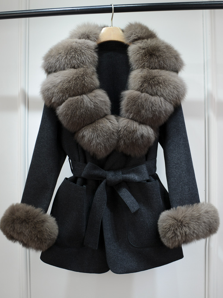 Janveny New Winter Cashmere Wool Blends Women 100% Natural Fox Fur Collar Cuffs Slim Fit Suit Double Sided Woolen Trench Coat