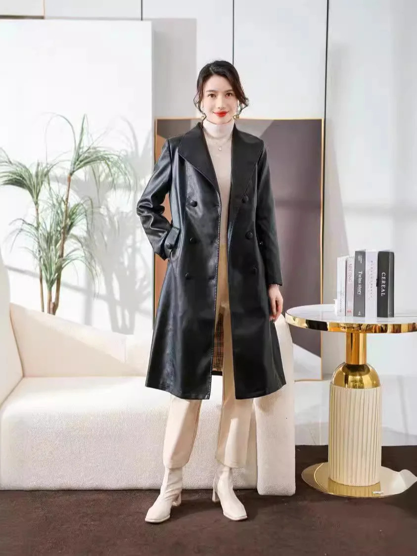 womens trench coat for autumnwinter 2024 in Haining China made of genuine leather long length knee over sheeps 241129