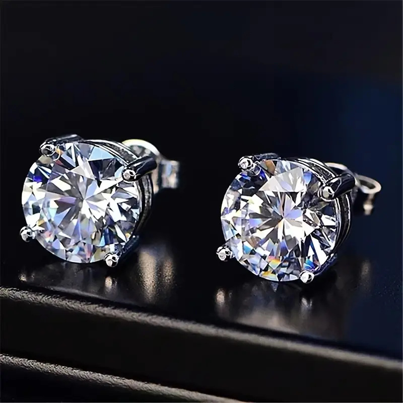 Copper 4 Prong Zirconia Ear Studs Earrings for Men Women 18K White Gold Silver Crystal 4-Claw Earrings Trendy Design Diamond Earrings Hypoallergenic E