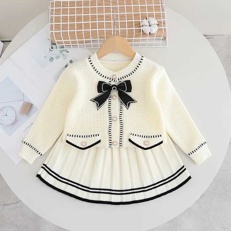 Clothing Sets Little bow knit sweater cardigan for girls+skirt Autumn and winter sweater cardigan two-piece set girls sweater Y241129FNNQ