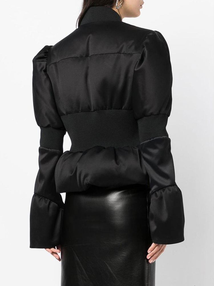 DEAT Fashion Women's Cotton-Padded Coat Stand Neck Flare Sleeves Zip Waist Black Quilting Short Jackets Winter 2024 New 7Ab299