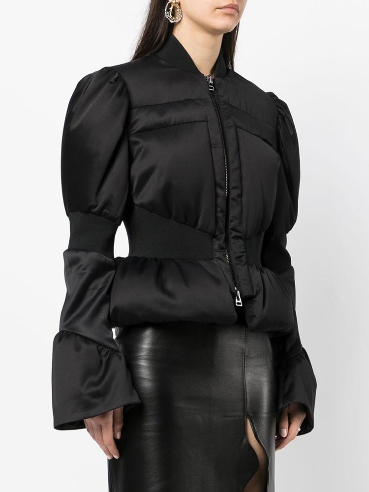 DEAT Fashion Women's Cotton-Padded Coat Stand Neck Flare Sleeves Zip Waist Black Quilting Short Jackets Winter 2024 New 7Ab299