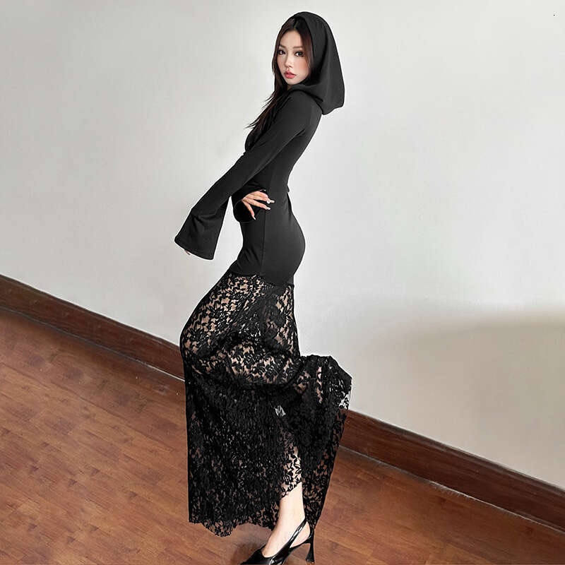 Wind 2024 Autumn New Women's Gothic Style Black Lace Unique Cross Sewing Dress