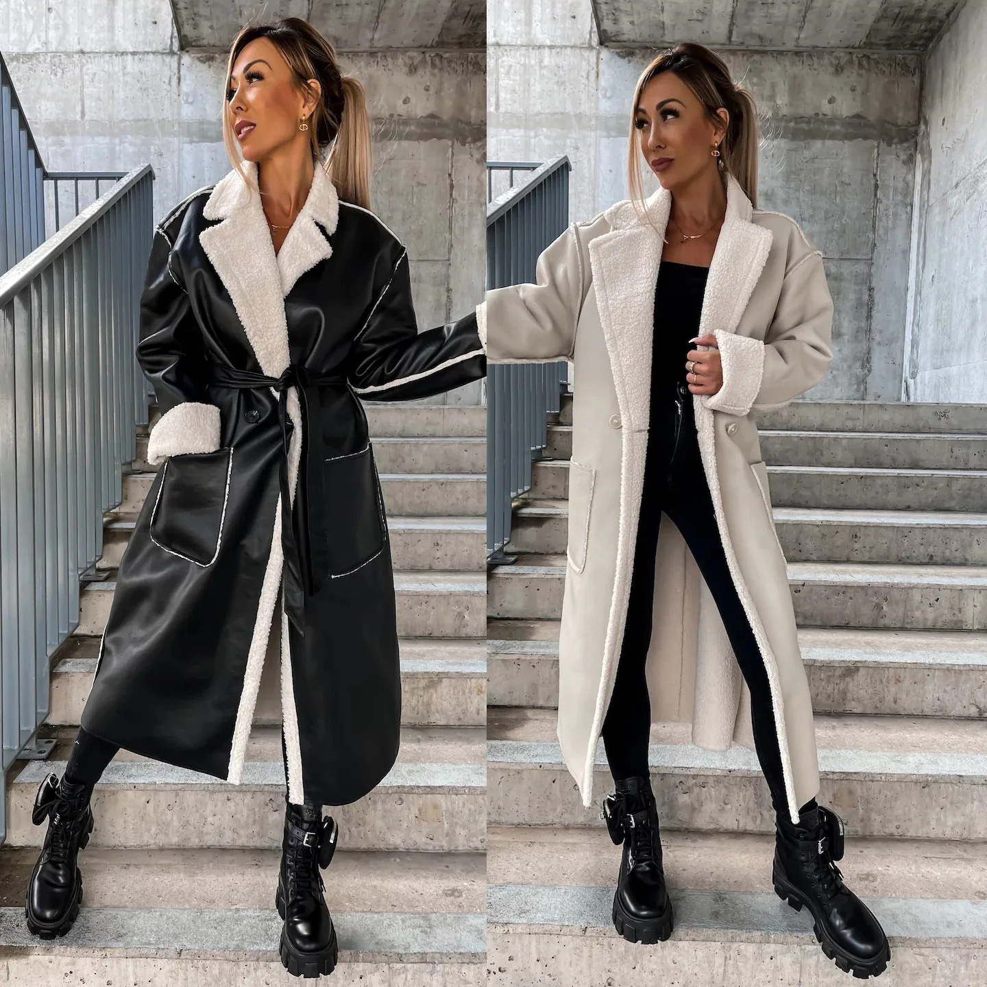 Autumn And Winter New Casual Leather Thickened Pockets Long Windbreaker With Belt Loose Fashion Coat For Women