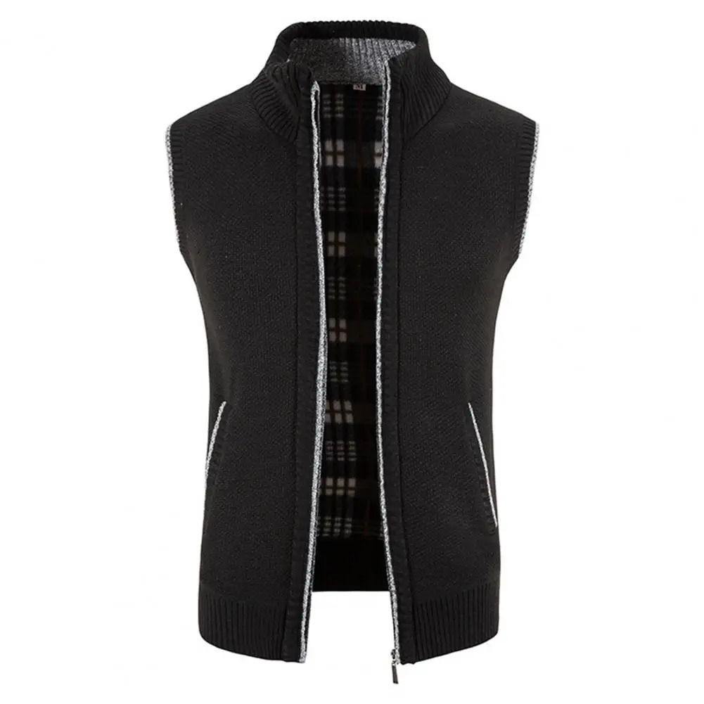 Men Knitted Cardigan Vest Stand Collar Thickened Fleece Lining Knitting Waistcoat Winter Plush Lined Sweater Jacket 241129