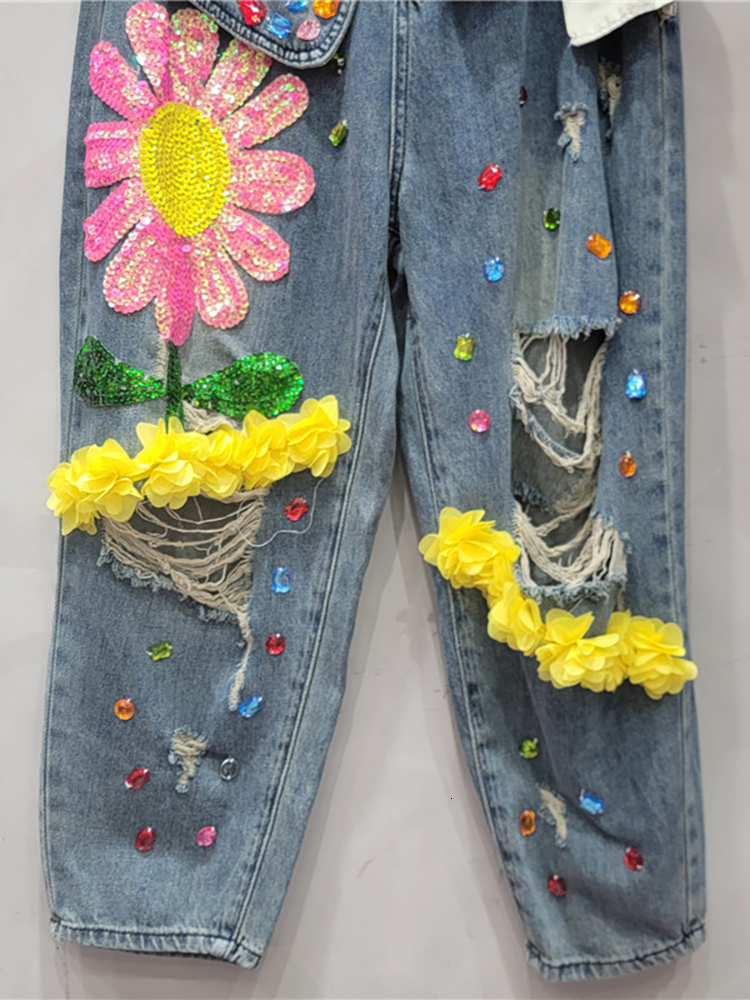 Women Jeans Patchwork Pockets Elastic Waist Sequins Wer Dia Broken Holes Denim Pants Autumn New Fashion jeans for women