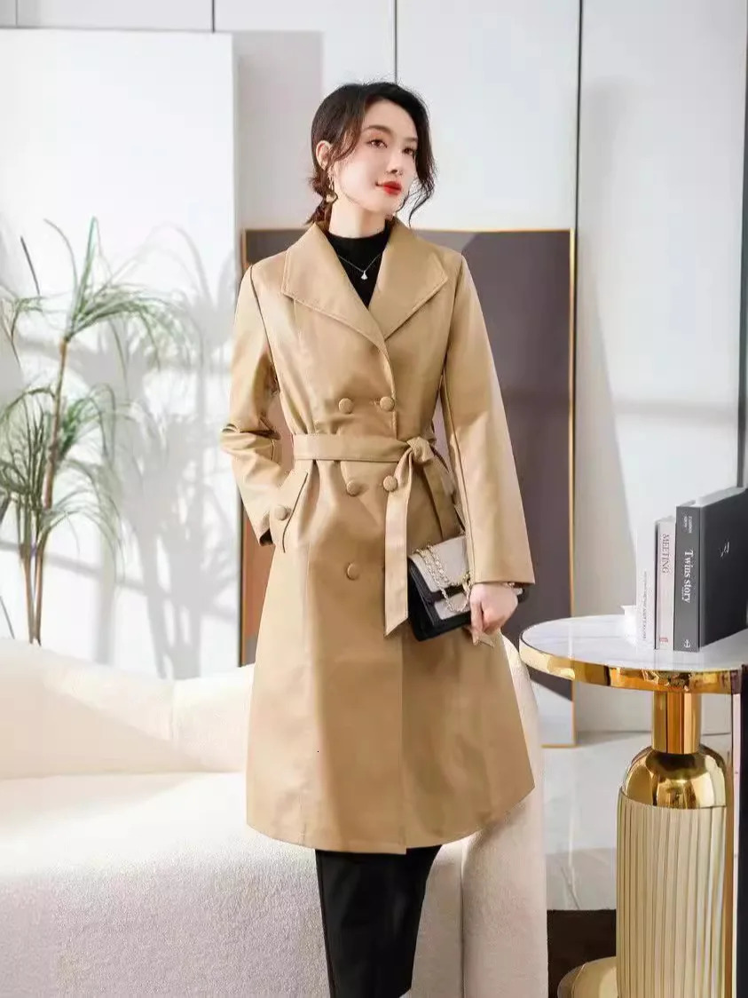 womens trench coat for autumnwinter 2024 in Haining China made of genuine leather long length knee over sheeps 241129