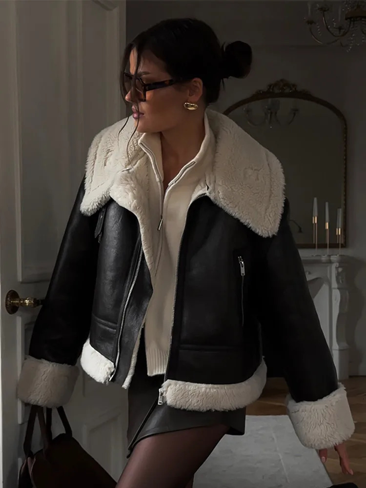 Fashion Sherpa Lining Laple Short Leather Jacket Women Warm Thick Black Pocket Zipper Coat Winter Lady Elegant Daily Outwear 241129