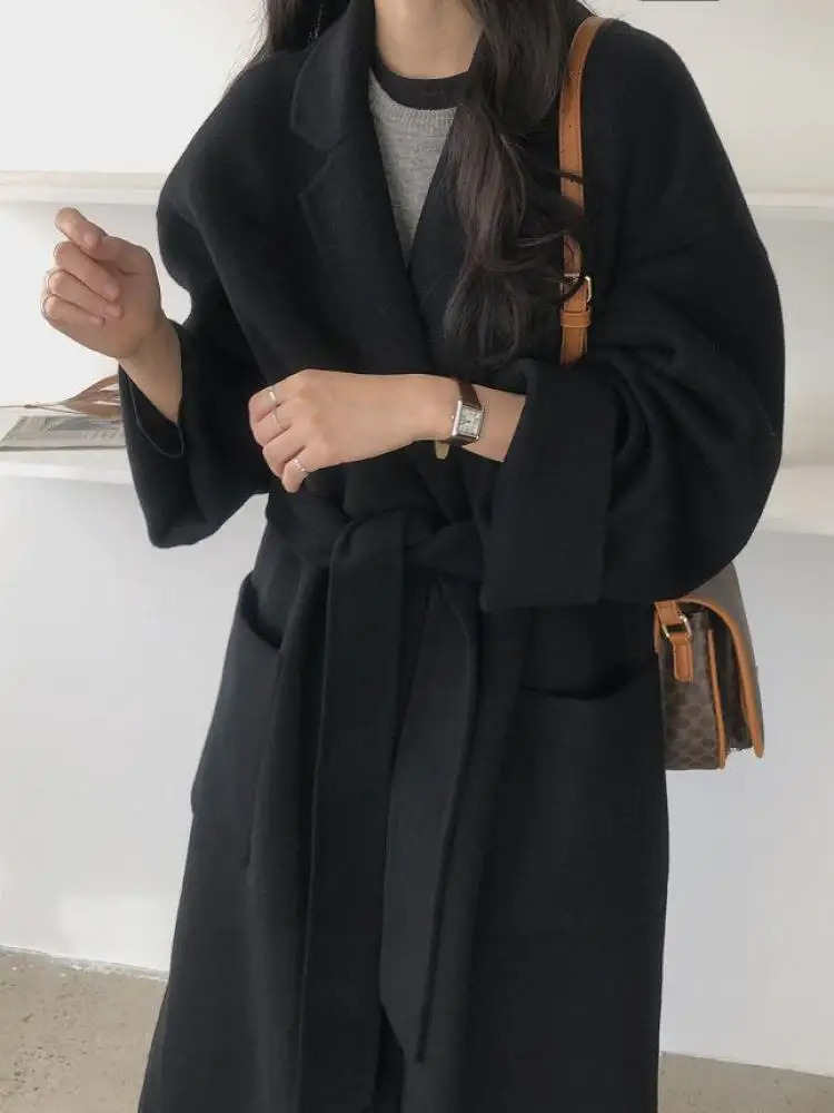 2024 Winter Korean Khaki Woolen Coat Women Mid Waist Tie Jacket Daily Street Casual Coats Clothing 241129