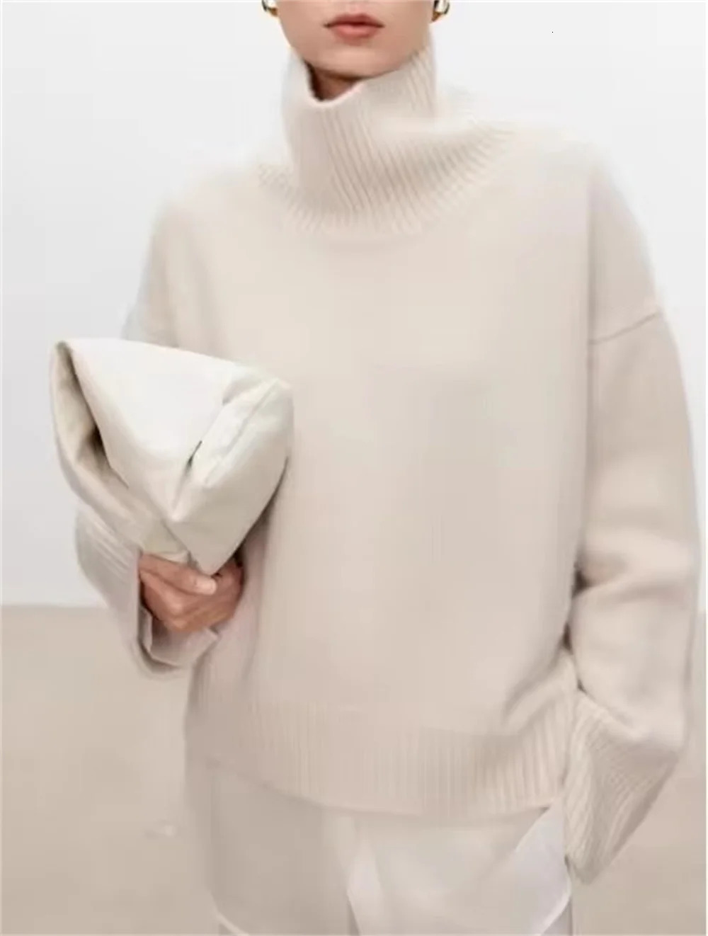 Thick turtle neck 100% pure cashmere sweater for women loose and lazy knit silhouette sweater European product 241128