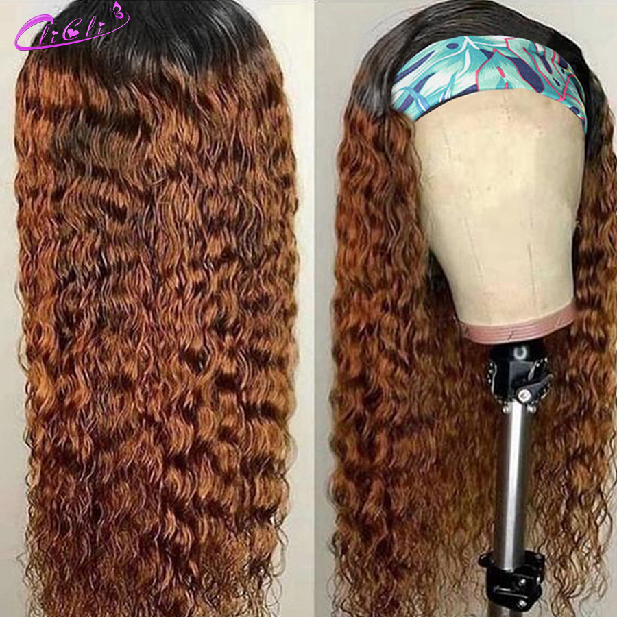 Ombre Blonde Headband Human Hair 1B/Bury 99J Brown Highlight Headbands Brazilian Deep Curly Ponytail Scarf Wig