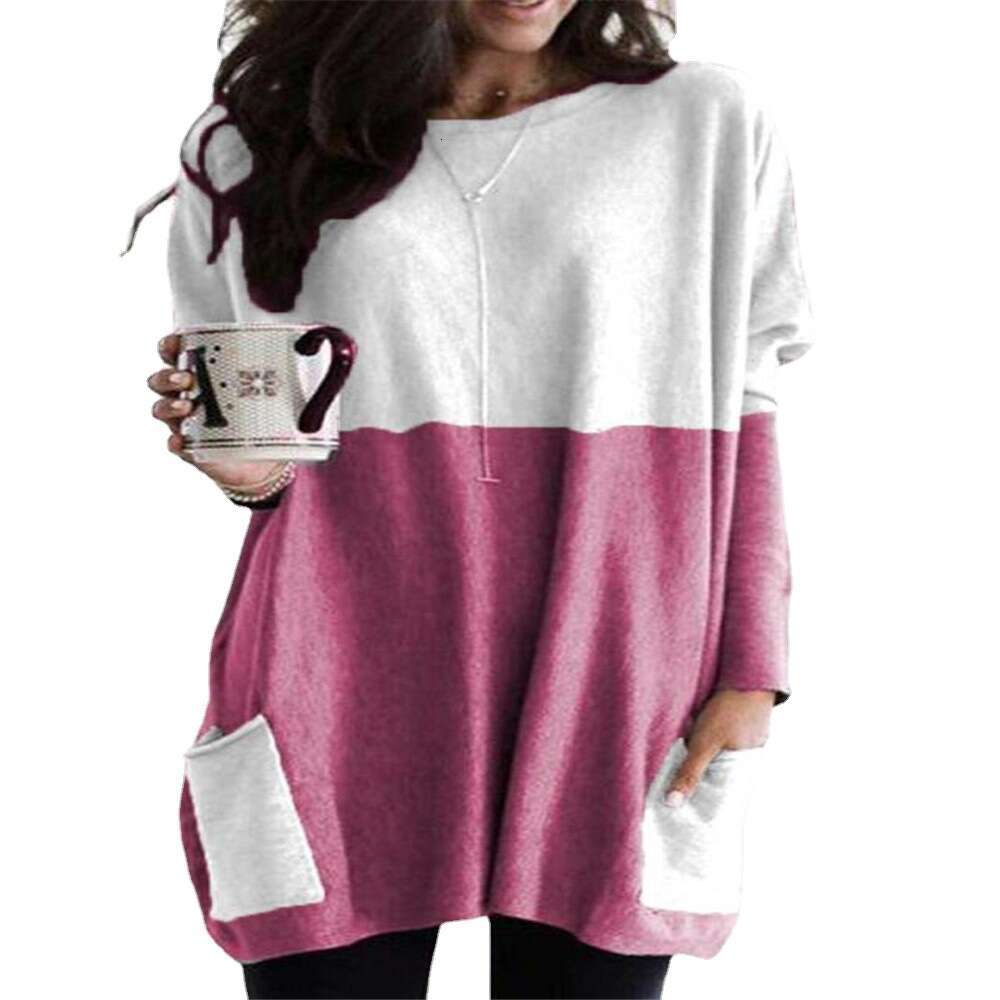 European And American Women's Autumn Round Neck Long Sleeved Patchwork Casual Pocket T-Shirt Top Trendy Clothing Fashion Temperament