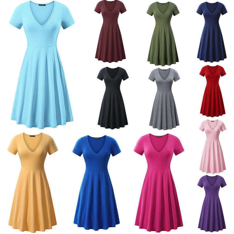 Spring Summer European And American Plus Size Solid Color V-Neck Short Sleeved Simple Loose Dress Trendy Clothing Fashionable Casual Temperament B4