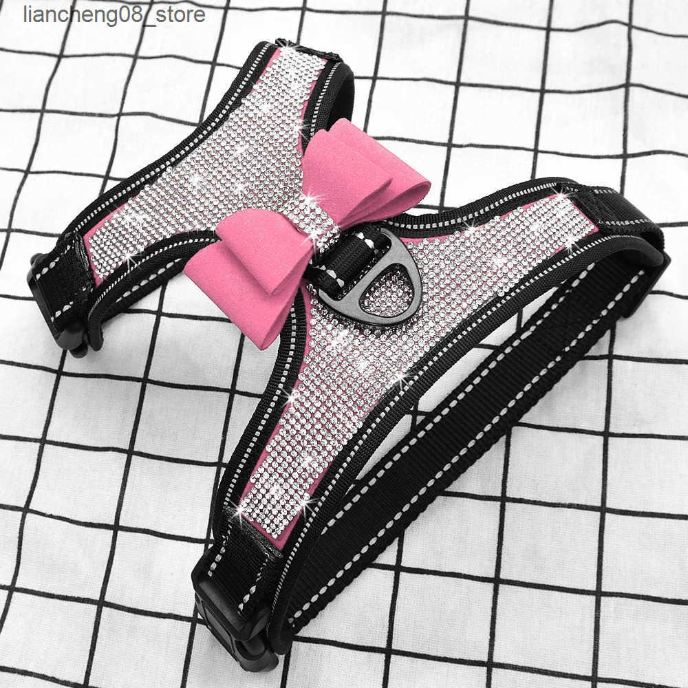 Dog Harnesses Reflective Dog Harness Nylon Pitbull Pug Small Medium Dogs Harnesses Vest Bling Rhinestone Bowknot Dog Accessories Pet Supplies L240910